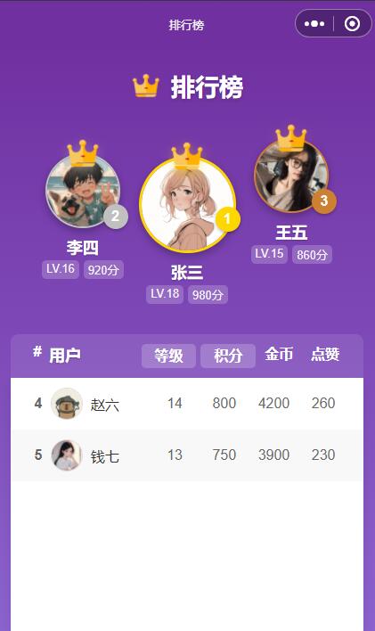 大气紫色排行榜小程序模板